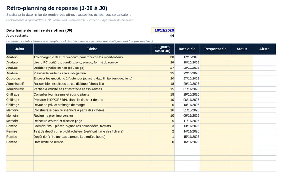 Rétro-planning calculé depuis la date limite de remise