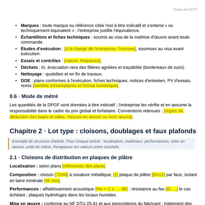 Trame de CCTP : article type commenté