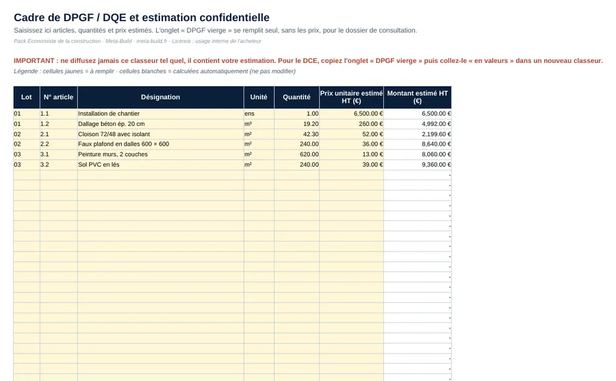 Cadre de DPGF : l'estimation confidentielle génère la DPGF vierge